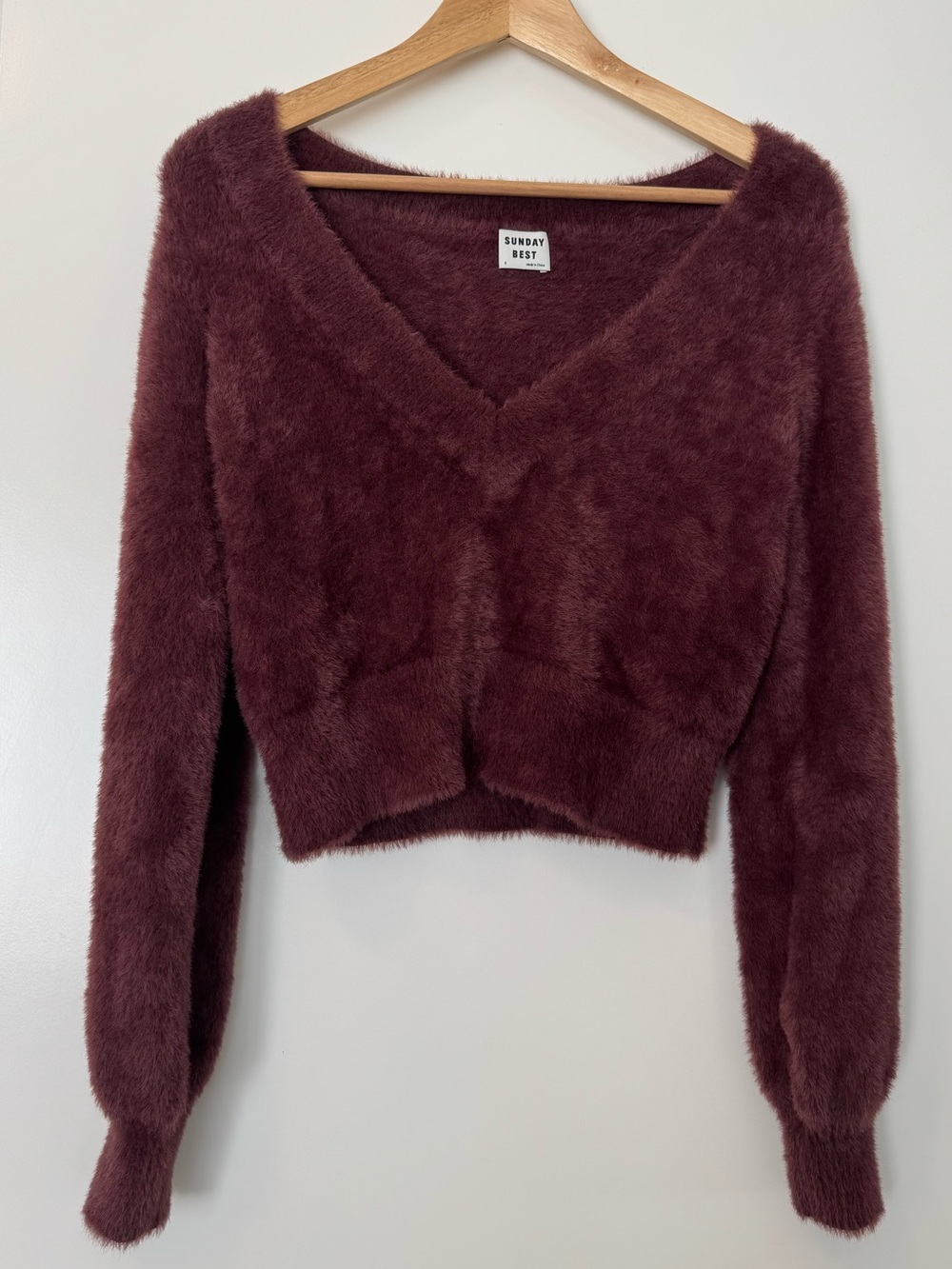 Sunday Best Aritzia Burgundy Fuzzy Cropped V Neck Sweater S